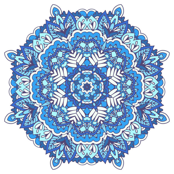 Abstract Winter Blue ethnic geometric mandala decoration. Snowflake in folk art style medallion - Vektör, Görsel