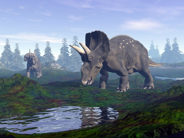 Dinossauros Diceratops na montanha renderizar 3D
 - Foto, Imagem