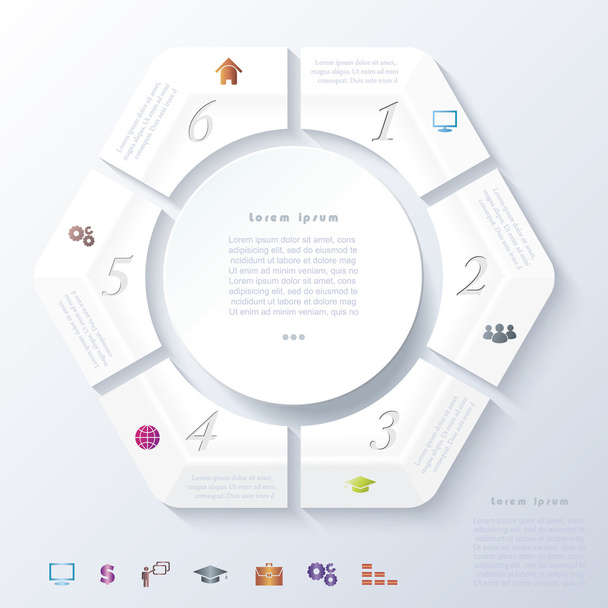 Abstract infographic design with white circle and six segments. - Διάνυσμα, εικόνα