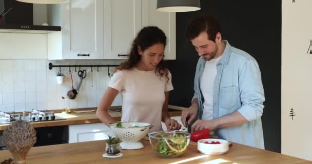 Smiling millennial family couple cooking together in kitchen. - Felvétel, videó