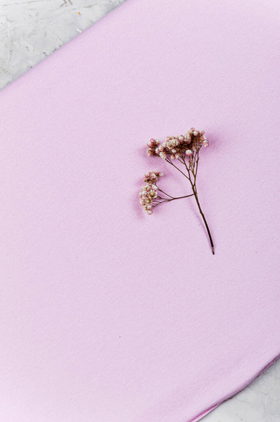 Dried flowers on a pink cloth. Natural fiber fabric. Space for text, Copyspace. - Foto, Bild