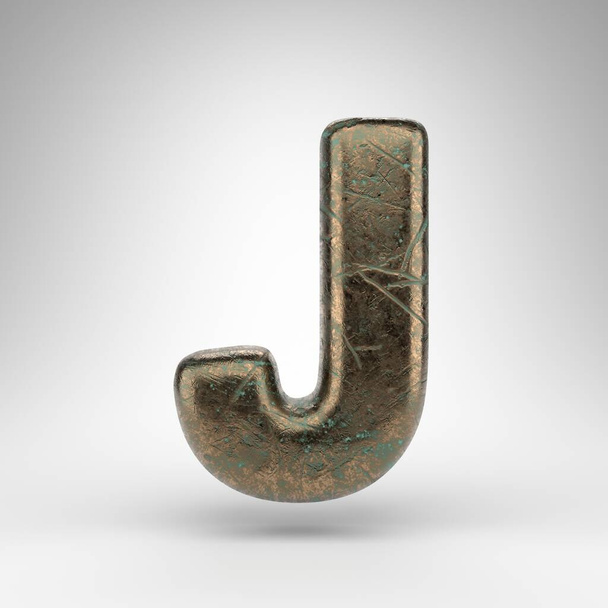 Letter J uppercase on white background. Bronze 3D rendered font with oxidized scratched texture. - Photo, Image
