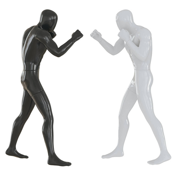 Twee mannelijke mannequins zwart-wit in een vechtende houding op een geïsoleerde achtergrond. Zijaanzicht. 3d destructie - Foto, afbeelding