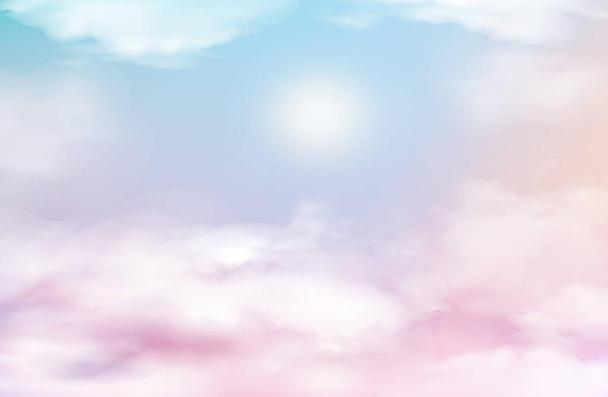 Céu céu rosa com nuvens, fundo do bebê. Pôr do sol ou nascer do sol paisagem natural branco, e nuvens fofas lilás. Noite ou manhã vívida fantasia unicórnio crepúsculo sol brilho realista 3d vetor ilustração - Vetor, Imagem