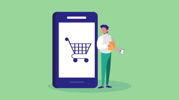 mobile shopping technology animation with man using smartphone and cart - Footage, Video