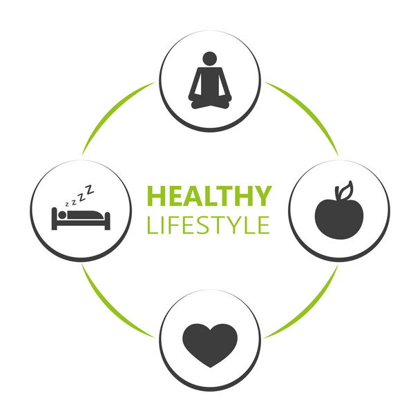 gesunde Lifestyle-Ikonen schlafen Apfel Yoga Herzsport - Vektor, Bild
