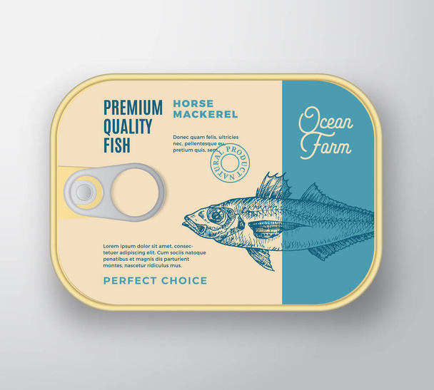 Abstract Vector Fish Aluminium Container with Label Cover. Retro Premium Canned Packaging Design. Modern Typography and Hand Drawn Horse Mackerel Silhouette Background Layout. - Vektor, Bild