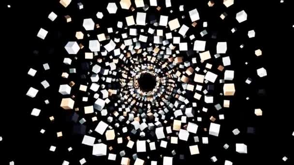 Tunnel géométrique abstrait fait de cubes blancs et bruns colorés, boucle sans couture. Animation. Petits cubes 3D rotatifs formant de nombreuses rangées radiales qui coulent loin dans la distance.  - Séquence, vidéo