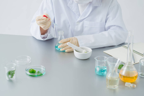 γιατρός γυναίκα επιστήμονας κάνοντας βοτανική ιατρική στο εργαστήριο με βότανο αφήνει συμπληρώματα βιταμινών ανόργανη εναλλακτική θεραπεία έρευνα. - Φωτογραφία, εικόνα