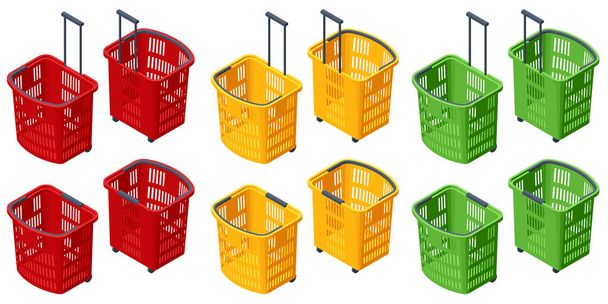 Isométrico Conjunto de cestas de plástico sobre fondo blanco. Cestas de compra de plástico rojo, amarillo, azul, verde - Vector, Imagen