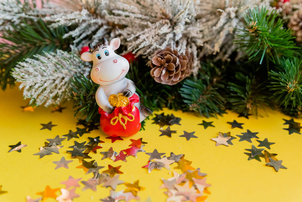 Joyeux taureau jouet noir et blanc avec des cadeaux, sur le fond de branches de sapin. Symbole du Nouvel An chinois 2021, symbole de l'humeur du Nouvel An. Symbole vacances. - Photo, image