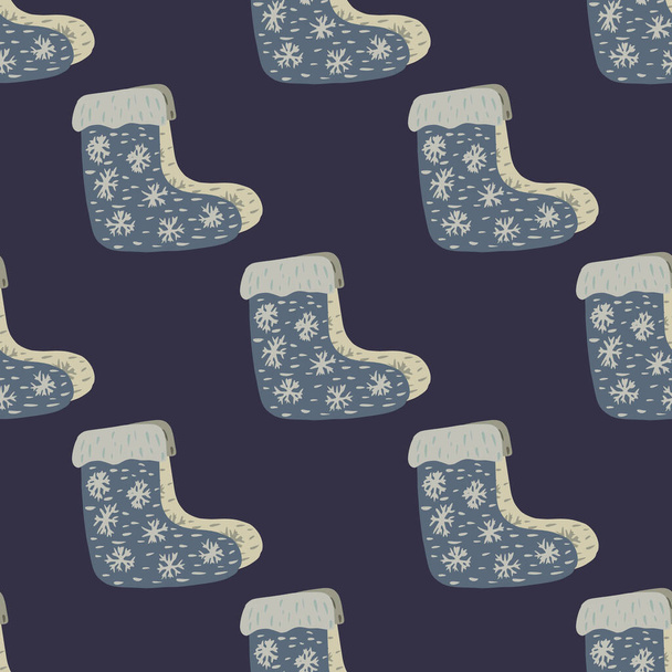 Pintor zapatos de invierno doodle elementos sin costuras patrón acogedor. Botas cálidas estampadas en color azul marino. Ilustración de stock. Diseño vectorial para textiles, tela, envoltura de regalo, fondos de pantalla. - Vector, Imagen