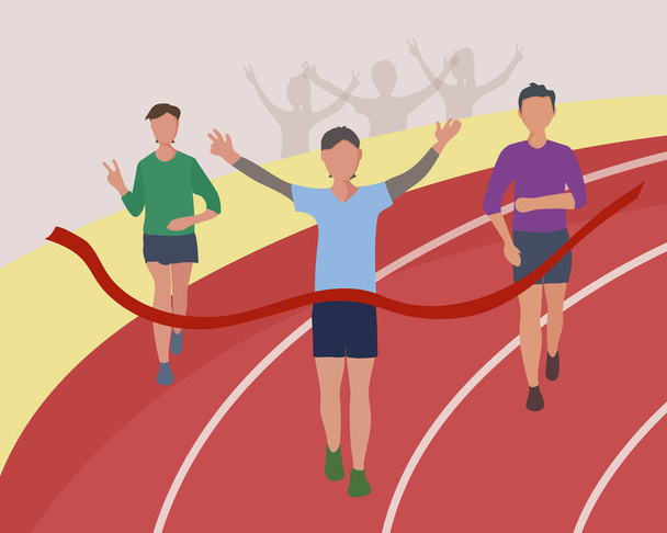Atletler kırmızı kurdeleyle bitiş çizgisini geçtiler. Koşu yarışması, maraton mesafesi ya da stadyumda spor koşusu. Kazanan koşucu. Vektör düz resimleme. - Vektör, Görsel