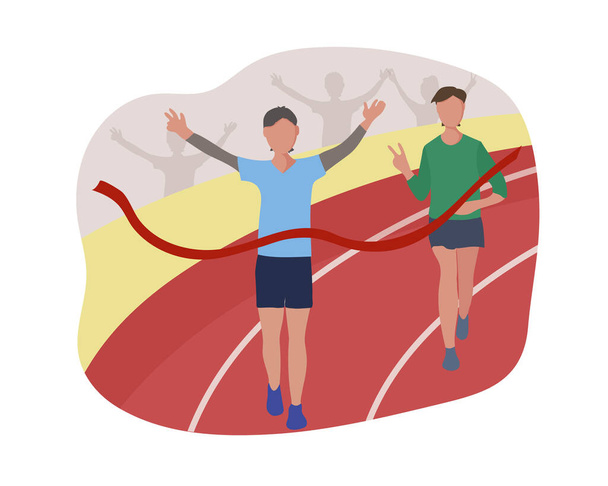 Los atletas cruzan la línea de meta a través de una cinta roja. Carrera de competición, maratón de distancia o deportes corriendo en el estadio. El corredor es el ganador. Ilustración plana del vector. - Vector, imagen