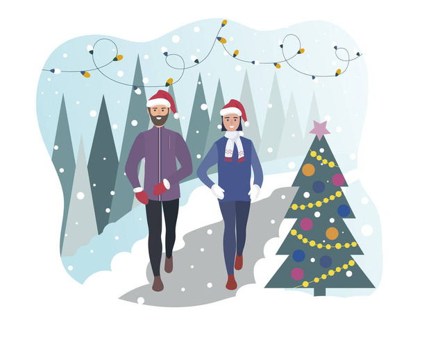 A happy couple of people running in a winter park. Sports training outside in the snow. Runner in motion. Running and fitness every day in all weathers. Santa Claus Christmas hat and decorated tree - Vector, Image