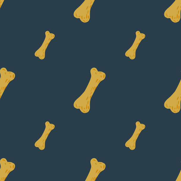 Scheletro minimalista modello doodle senza cuciture con forme di ossa luminose gialle. Fondo blu navy. Illustrazione vettoriale per stampe tessili stagionali, tessuti, striscioni, fondali e sfondi. - Vettoriali, immagini