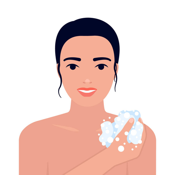Young woman takes shower, washes. Girl lathers body with sponge and soap. Bathroom procedure, body hygiene, washing. Vector illustration - Vektor, kép