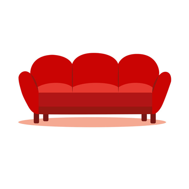 Удобный красный диван на белом фоне. Изолированный красный диван в интерьере. Векторная плоская иллюстрация - Вектор,изображение
