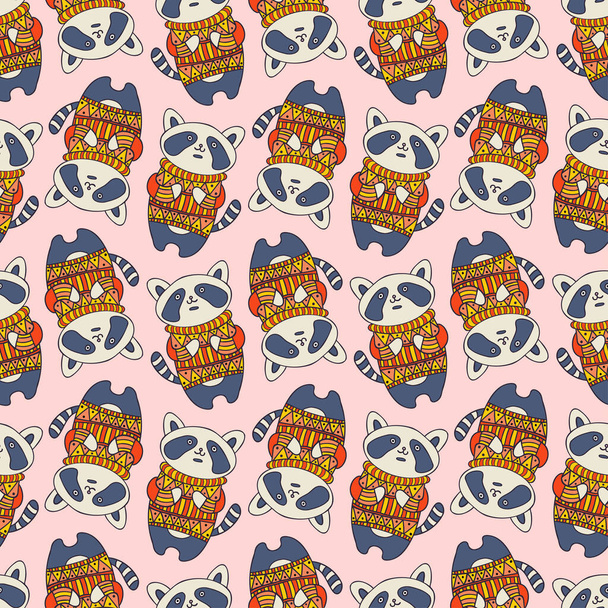 Seamless vector colorful lined pattern illustration of racoons in red sweaters on pink background - Vector, Image
