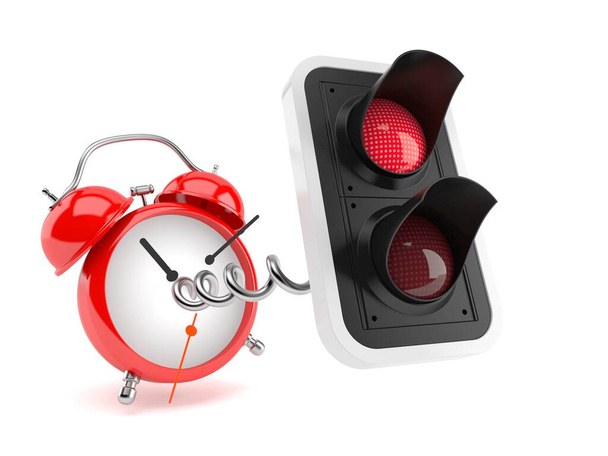 Semaforo rosso con sveglia isolata su sfondo bianco. Illustrazione 3d - Foto, immagini