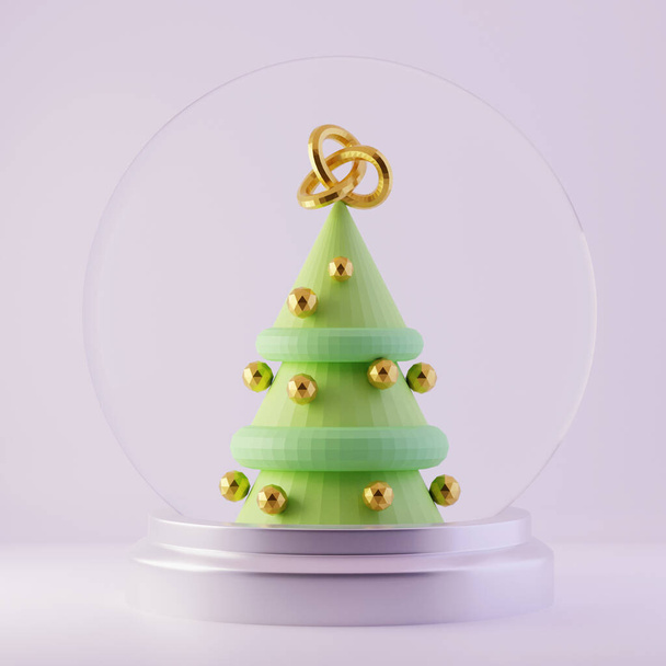 Snow globe and Christmas Tree inside with golden xmas decorations, 3d render - Foto, Imagem