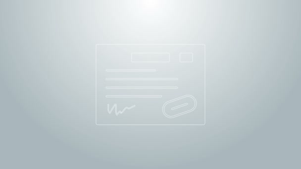 Modrá čára Ikona záručního listu izolovaná na šedém pozadí. Grafická animace pohybu videa 4K - Záběry, video