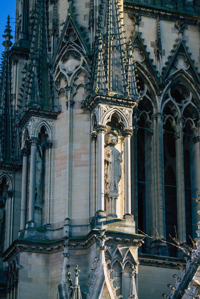 Reims France December 18, 2020 View of the exterior facade of the Notre Dame de Reims Cathedral, a historical monument in the Grand Est region of France - Fotografie, Obrázek