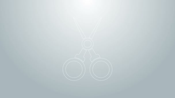 Ligne bleue Ciseaux icône coiffeur isolé sur fond gris. Coiffeur, salon de mode et enseigne de coiffeur. Symbole du coiffeur. Animation graphique de mouvement vidéo 4K - Séquence, vidéo