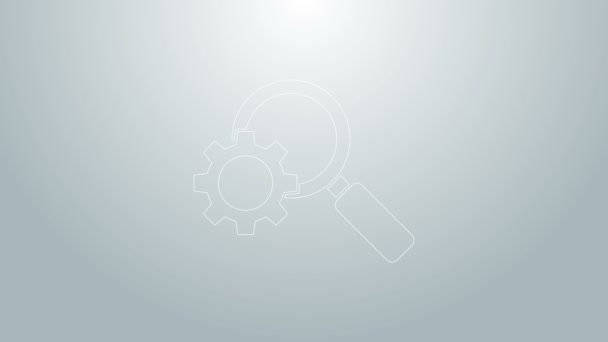 Blue line Magnifying glass and gear icon isolated on grey background. Search gear tool. Business analysis symbol. 4K Video motion graphic animation - Footage, Video