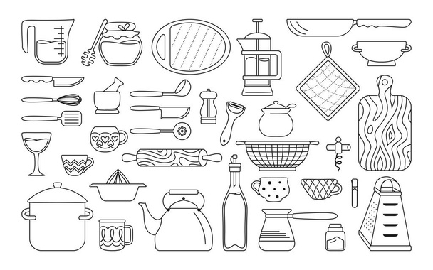 Κουζινικά μαύρη γραμμή εργαλείο μαγειρικής σετ κινουμένων σχεδίων - Διάνυσμα, εικόνα