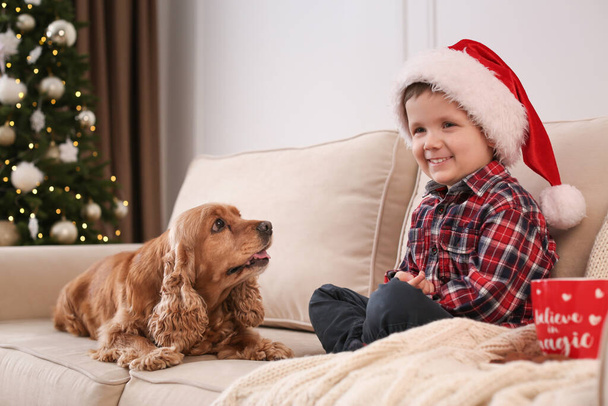Cute little boy with English Cocker Spaniel in room decorated for Christmas - Foto, Bild