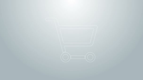 青線グレーの背景に隔離されたショッピングカートアイコン。オンライン購入の概念。配送サービスの看板。スーパーマーケットバスケットのシンボル。4Kビデオモーショングラフィックアニメーション - 映像、動画