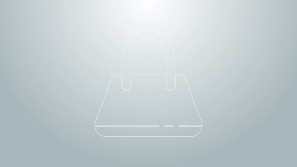 Modrá čára Kabelka ikona izolované na šedém pozadí. Dámská kabelka. Glamour ležérní zavazadla symbol. Grafická animace pohybu videa 4K - Záběry, video