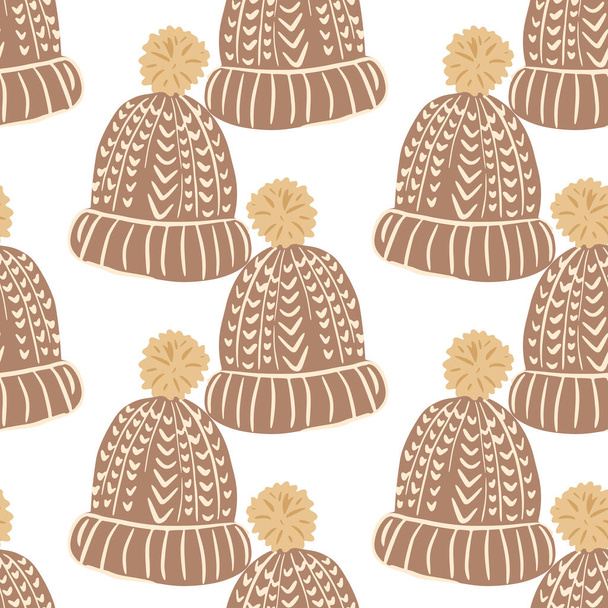Isolated seamless pattern with beige knitted wool hat shapes. White background. Graphic design for wrapping paper and fabric textures. Vector Illustration. - ベクター画像