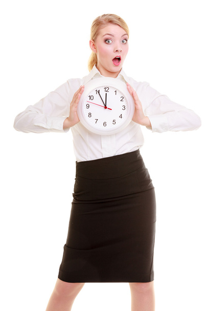Portrait surprised businesswoman with clock. Business time. - Photo, Image