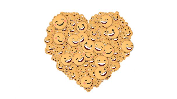 Форма сердца из различных улыбающихся эмодзи на белом заднем плане. Концепция дружбы - Фото, изображение