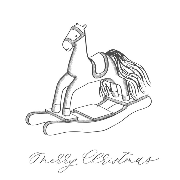 Merry christmas card congratulations on a toy wooden horse. - Vector, Image