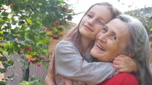 Senior grandmother with gray hair wearing red sweater with her little granddaughter are hugging in the garden and during sunny day outdoors, mothers day - Footage, Video