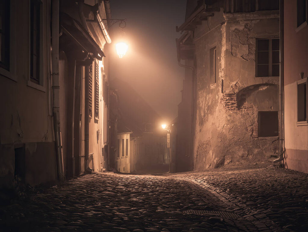 Éjszakai jelenet a Segesvári Várból macskaköves utcákkal, régi középkori épületekkel és lámpaoszloppal - Fotó, kép