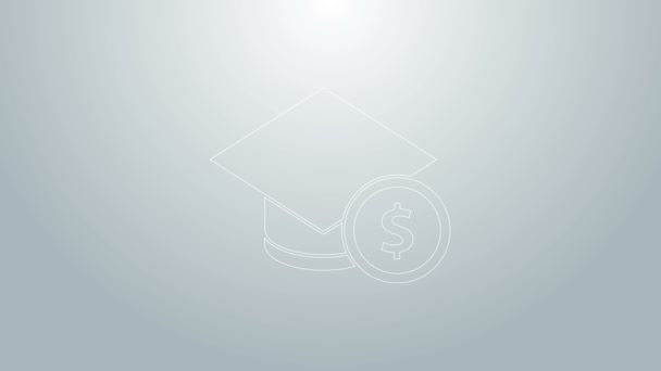 Línea azul Tapa de graduación e icono de moneda aislados sobre fondo gris. Educación y dinero. Concepto de costo de beca o préstamo, matrícula o cuota de estudio. Animación gráfica de vídeo 4K - Imágenes, Vídeo