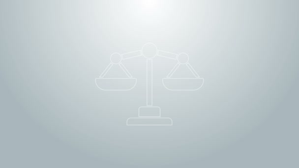 Linha azul Escalas de justiça ícone isolado no fundo cinza. Símbolo do Tribunal de Justiça. Sinal da balança. Animação gráfica em movimento de vídeo 4K - Filmagem, Vídeo