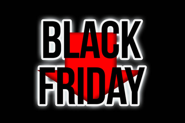 Illuminated title Black Friday on a black background and a red down arrow in the background. Banner for annual discount in the store. - Photo, Image