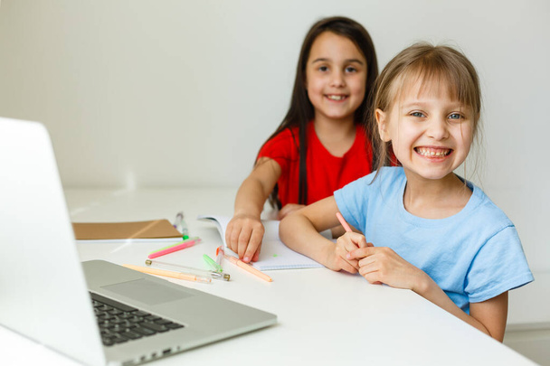 Two cute little sisters study together at home. Education for kids. - Foto, afbeelding