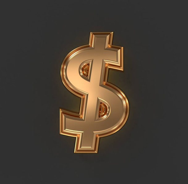 aged orange gold or copper metallic font - dollar - peso sign isolated on grey, 3D illustration of symbols - Foto, Imagem