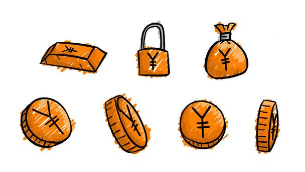 Символы оранжевой бизнес-иены. 2d money illustration with dodle design style - Фото, изображение