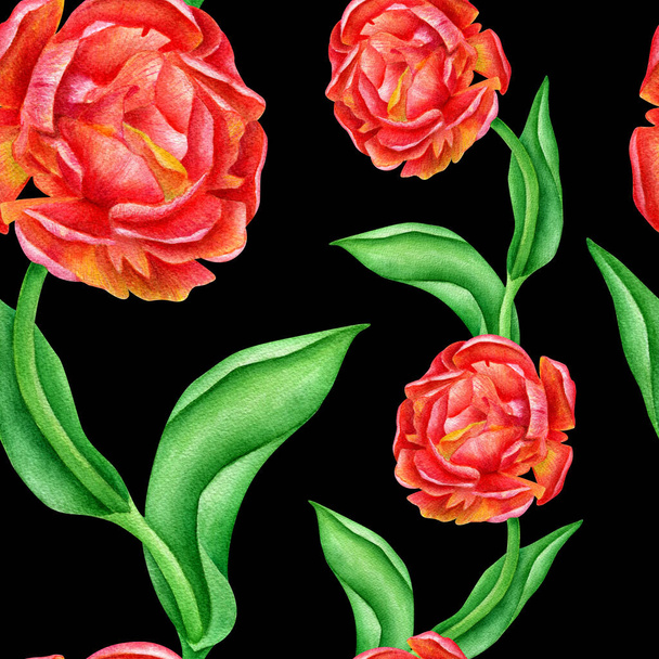 Watercolor seamless pattern with red roses and leaves. Hand painted flowers on black background. Floral texture for textile, fabrics, wallpaper, wrapping, scrapbooking, cards, interior design. - Photo, Image