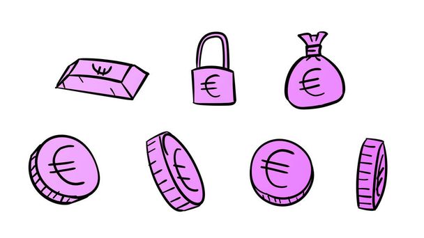 Символы фиолетового бизнес-евро. 2d money illustration with dodle design style - Фото, изображение