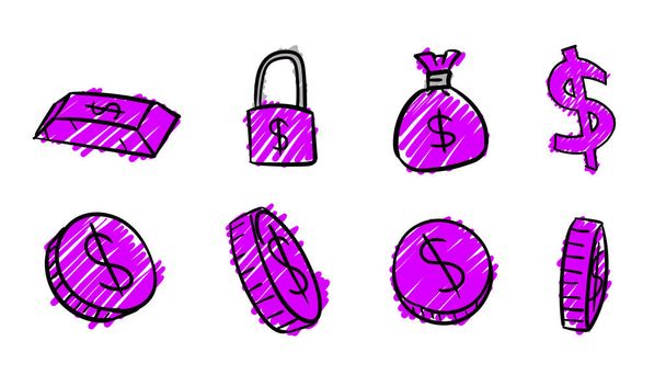 Символы фиолетового бизнес-доллара. 2d money illustration with dodle design style - Фото, изображение