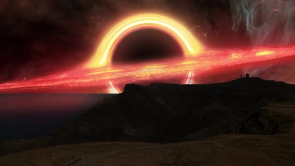 Observation point, sci-fi, a look at new extraterrestrial worlds, exoplanets, extra solar planets and new civilizations. Science fiction. Astronomical observatory, gravitational field of a black hole. Silhouette - Footage, Video