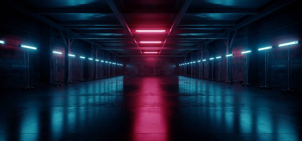 Cyber Neon Purple Blue Red Sci Fi Futuristische Grunge Hangar Retro Warehouse Underground Parking Staalbetontunnel Industriële achtergrond 3D Illustratie weergeven - Foto, afbeelding